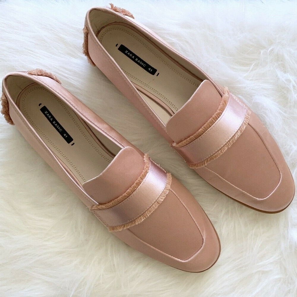 Zara Pink Satin Flats Frayed Loafers - Picture 1 of 8